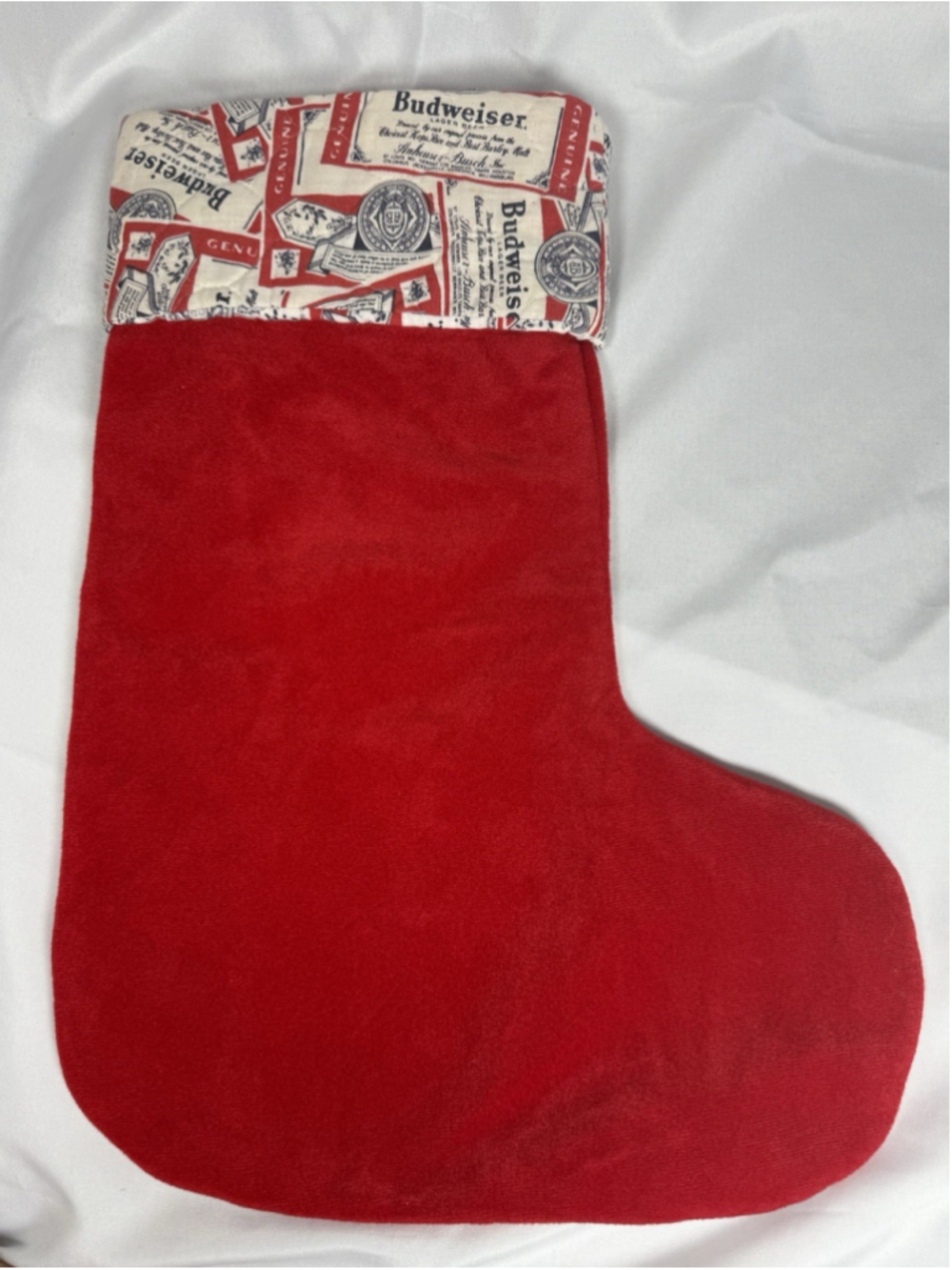 Handmade Budweiser Beer Christmas Stocking Red Velour Holiday Decor Bar Man Cave